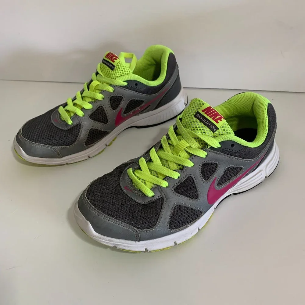 Nike Revolution Gray Neon Yellow and Pink Running Shoe Women’s size 8.5